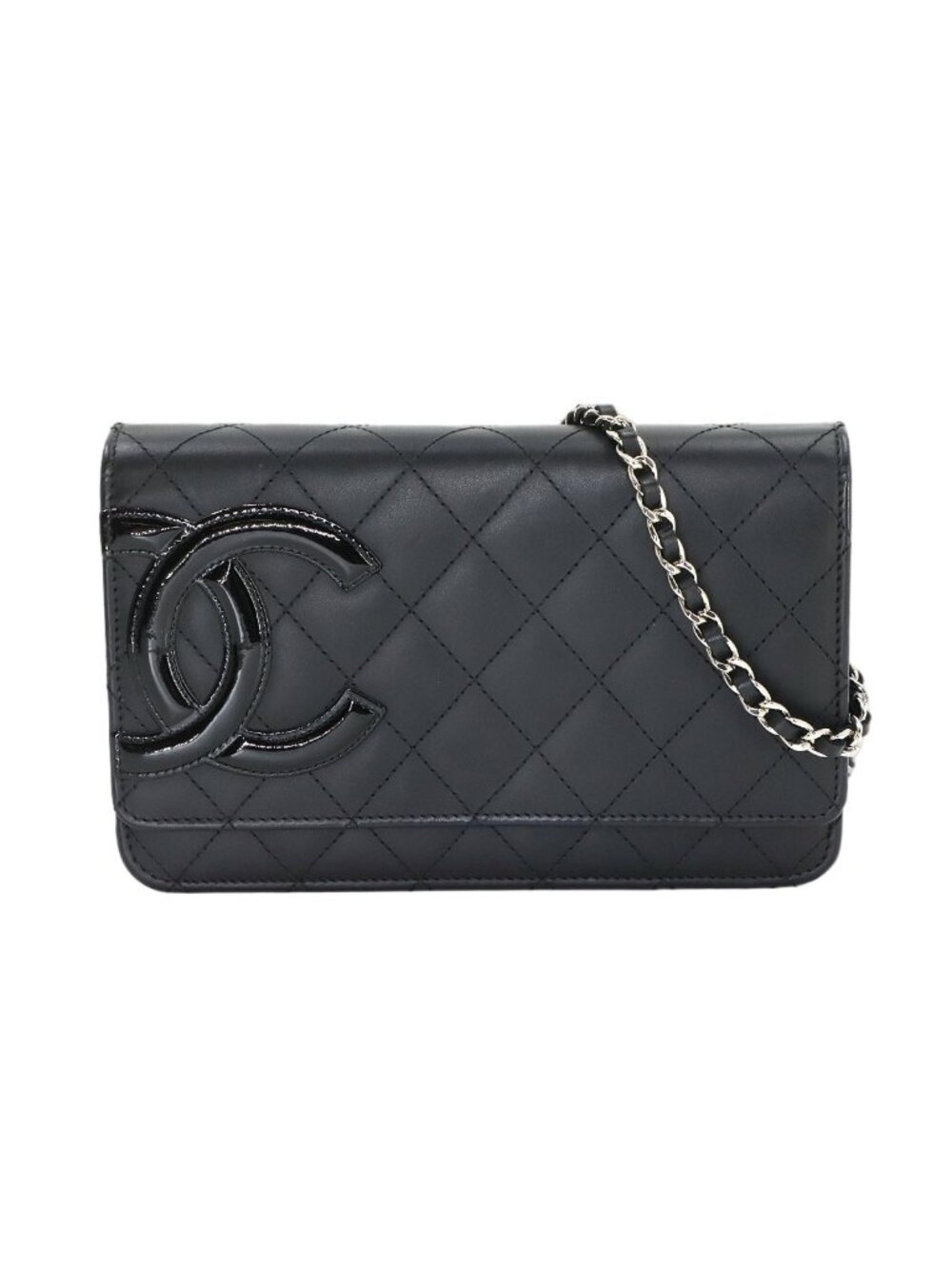 Chanel Cambon Line Chain Wallet Bifold Calfskin Patent Black Shoulder Bag